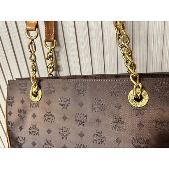 MCM Visetos Nylon Leather Logo Shoulder Tote Bag Brown Large Chain Straps - Picture 9 of 16